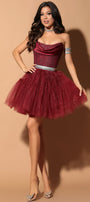 MINI CONJUNTO TOP CON FALDA MALUMA ЕNCAJE BRILLANTE BROCADO DE TUL SATÍN BORGOÑA