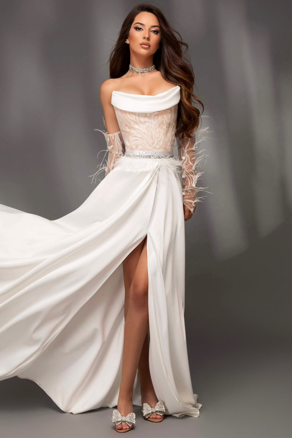 MAXI SKIRT AND CROP TOP SET CASSIEANE SATIN GLITTER LACE WHITE AND NUDE