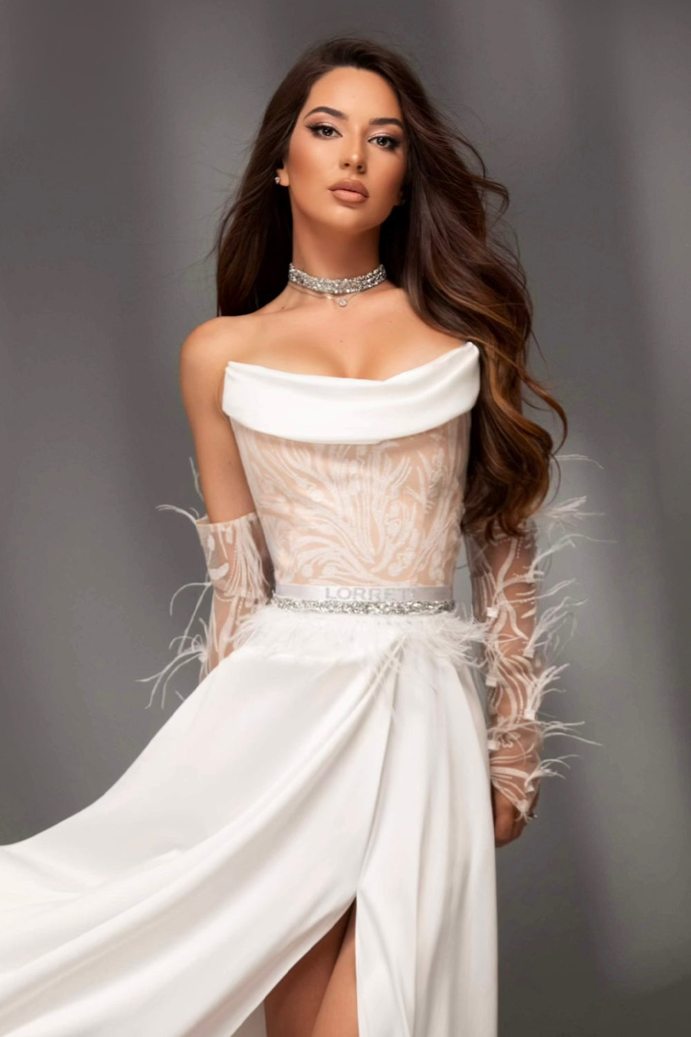 MAXI SKIRT AND CROP TOP SET CASSIEANE SATIN GLITTER LACE WHITE AND NUDE