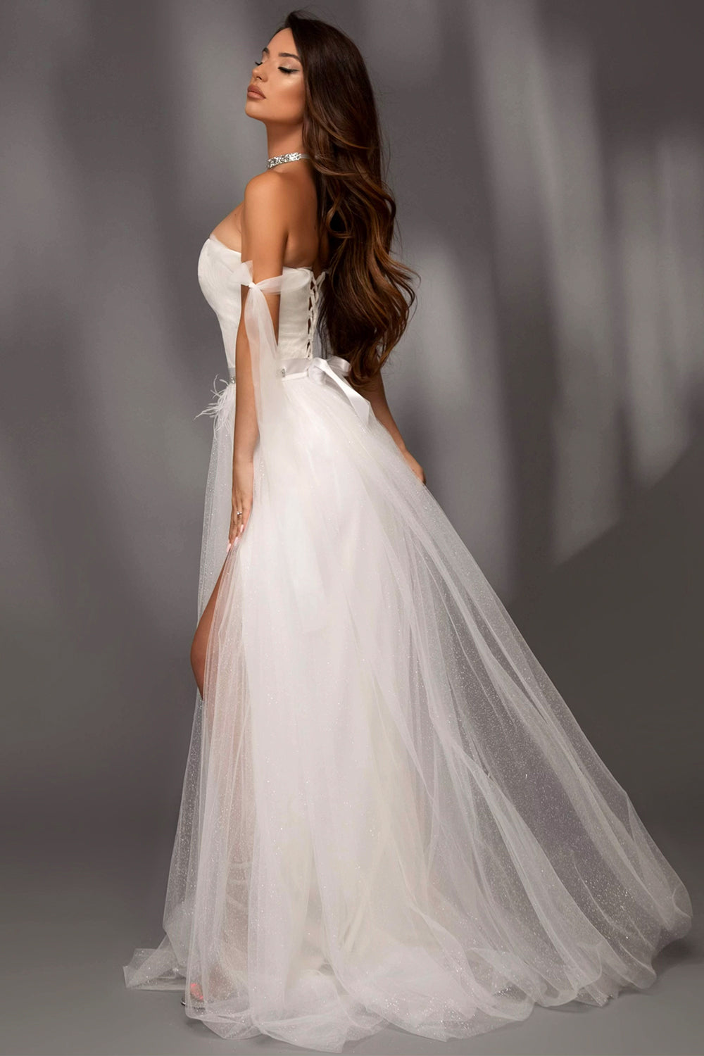 MAXI SKIRT AND CROP TOP SET CHARLOTTE GLITTER LACE GLITTER TULLE WHITE