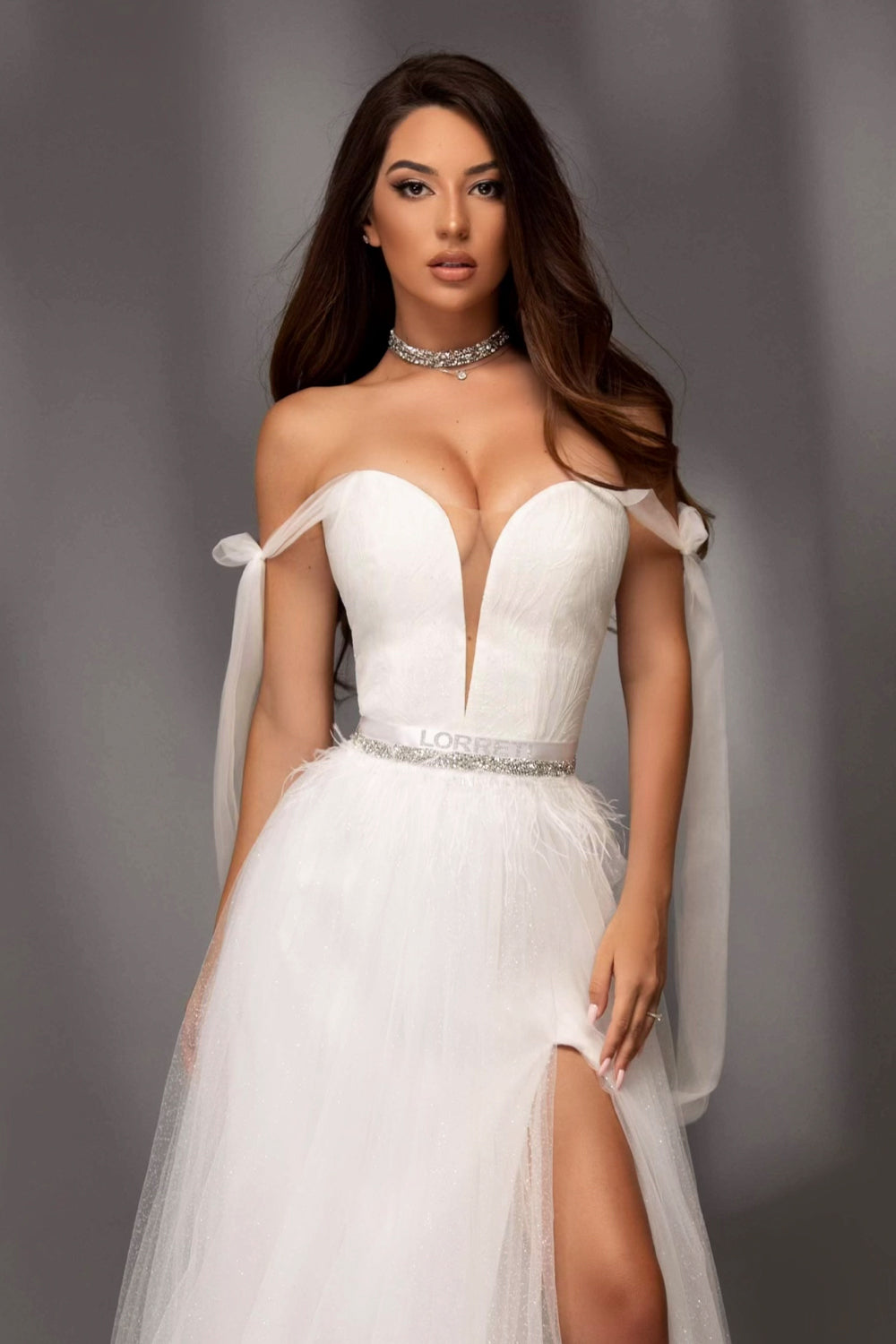 MAXI SKIRT AND CROP TOP SET CHARLOTTE GLITTER LACE GLITTER TULLE WHITE