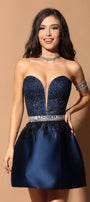 MINI SKIRT AND CROP TOP SET ELINA GLITTER LACE SATIN DARK BLUE