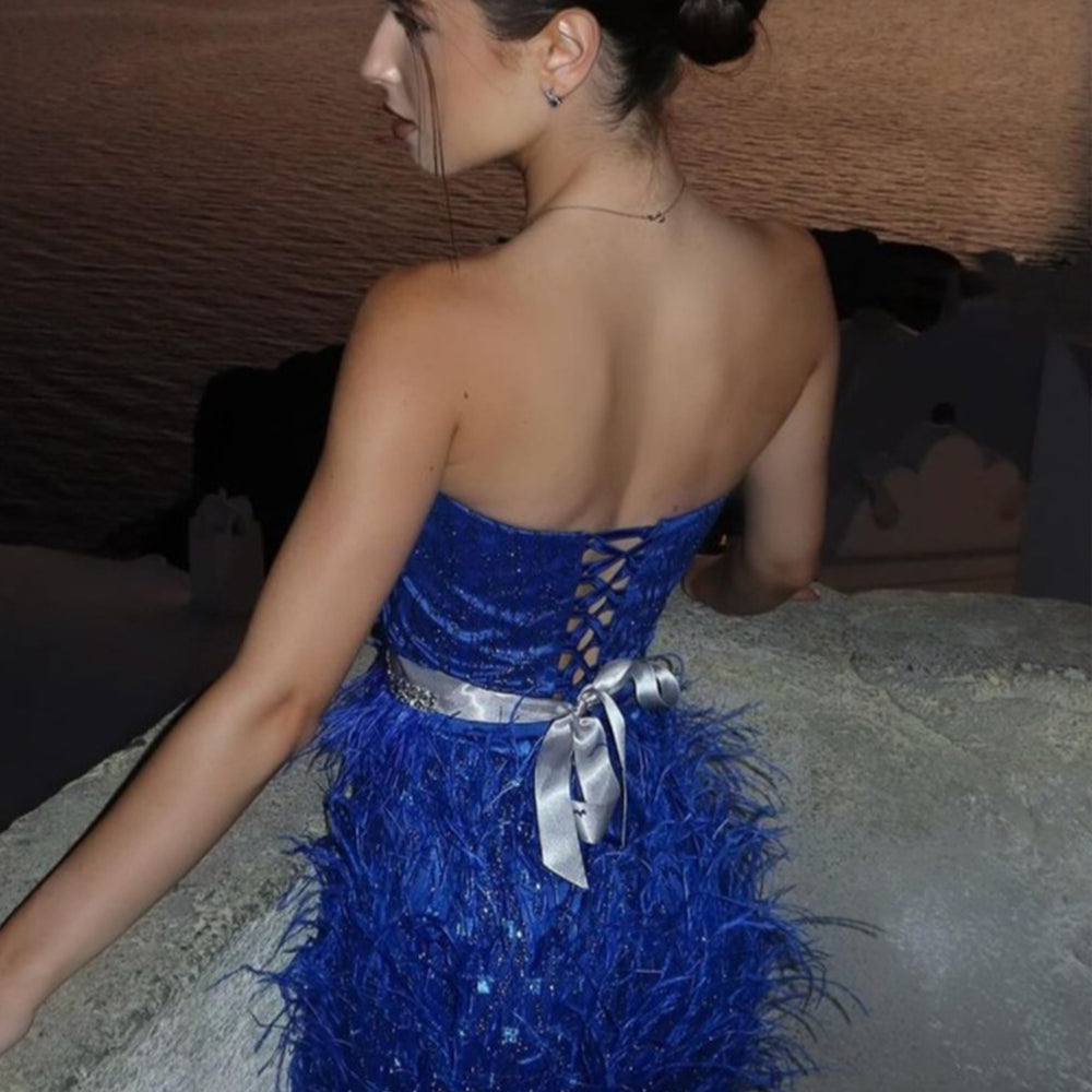 MAXI SKIRT AND CROP TOP SET OPHELIA GLITTER LACE FEATHERS COBALT BLUE