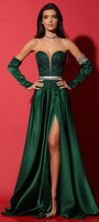 МAXI SET TOP CON GONNA GRACELYN PIZZO GLITTERATO RASO VERDE SCURO