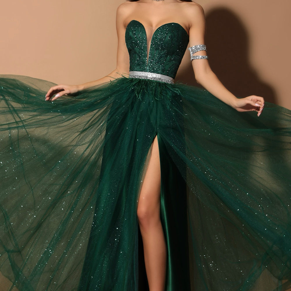 МAXI SET TOP CON GONNA ELENA PIZZO GLITTERATO BROCCATO DI TULLE VERDE SCURO