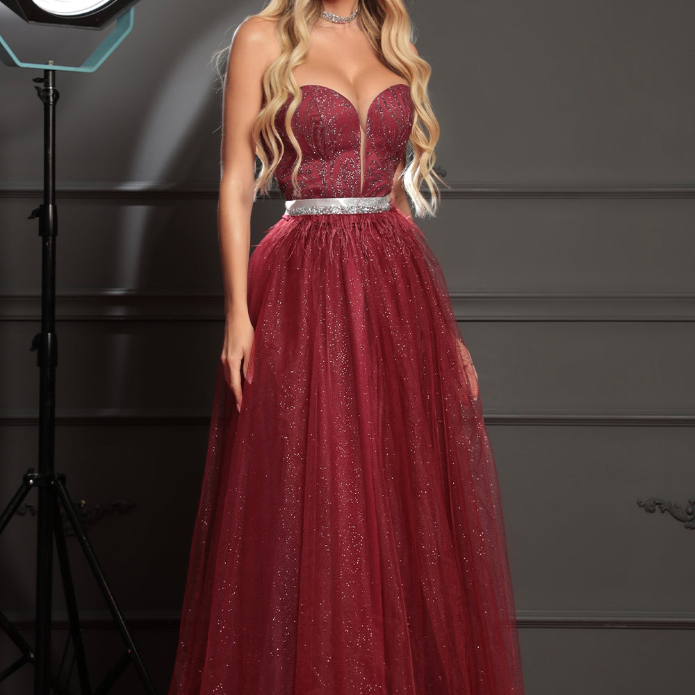 MAXI CONJUNTO TOP CON FALDA ELENA ЕNCAJE BRILLANTE BROCADO DE TUL BORGOÑA