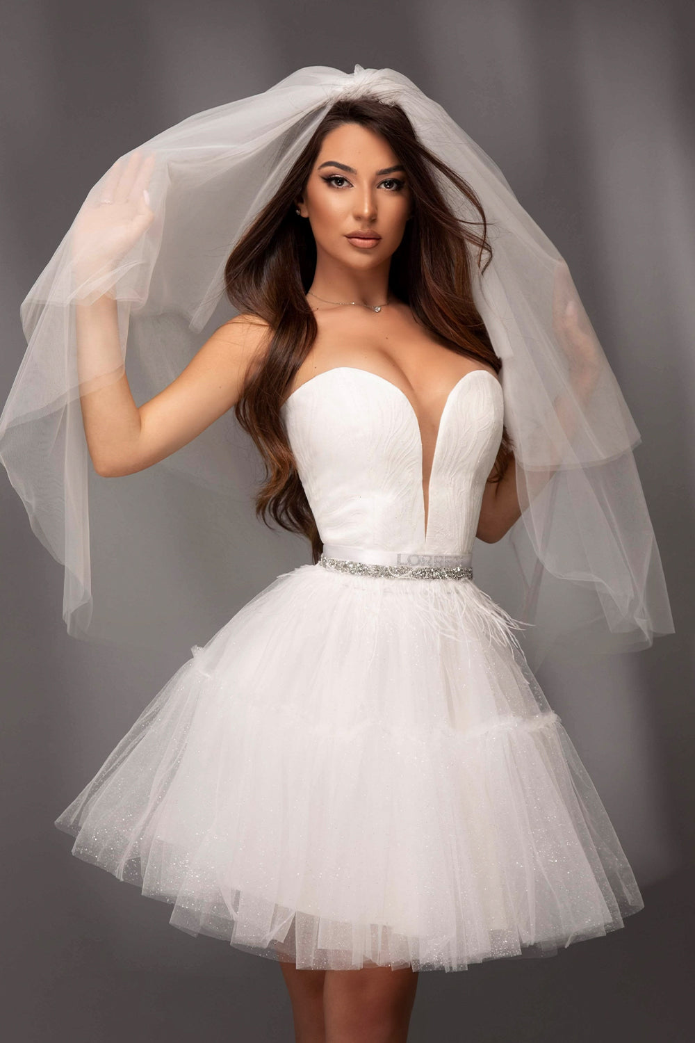 MINI SKIRT AND CROP TOP SET LOUISA GLITTER LACE GLITTER TULLE WHITE