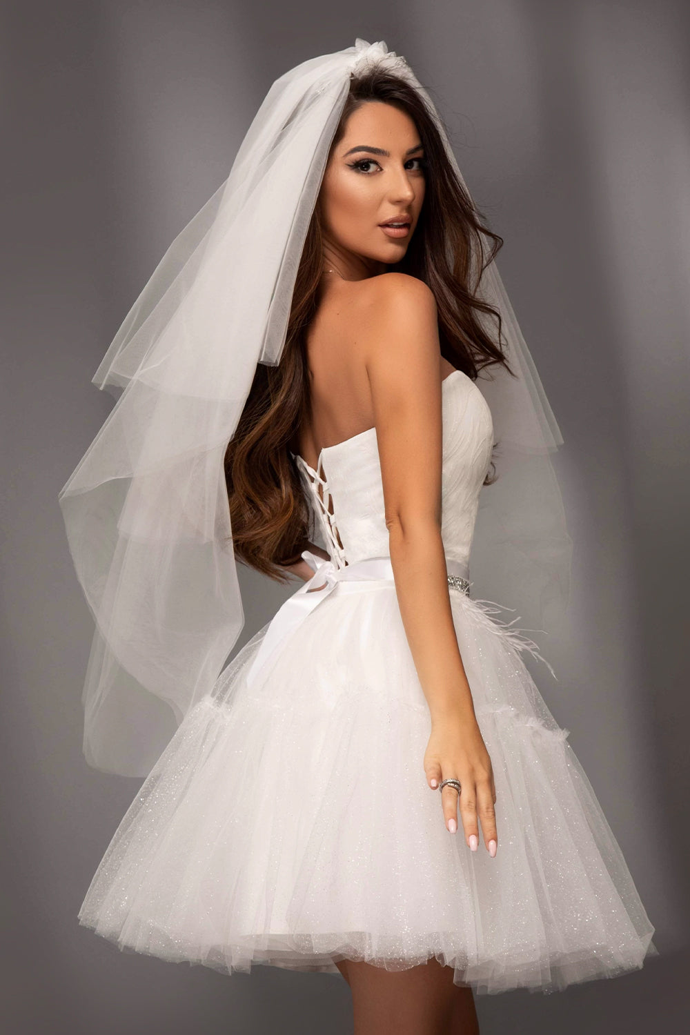 MINI SKIRT AND CROP TOP SET LOUISA GLITTER LACE GLITTER TULLE WHITE