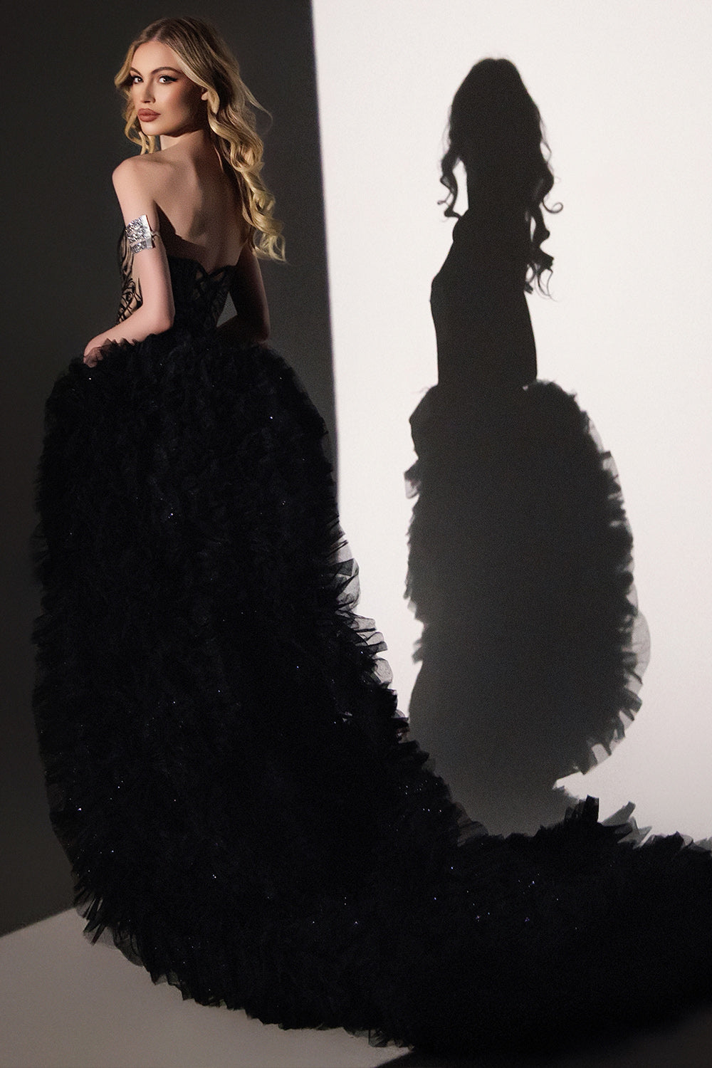 MAXI SKIRT AND CROP TOP SET LILIBETH GLITTER LACE GLITTER TULLE BLACK AND NUDE