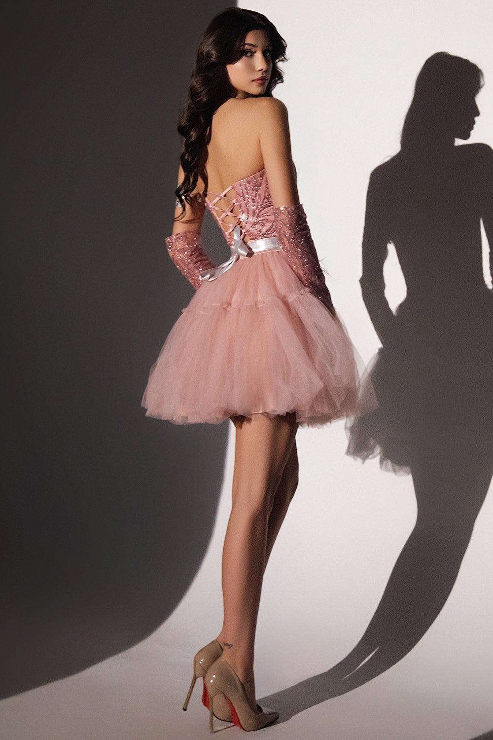 МINI SET TOP CON GONNA ANNABELLE PIZZO GLITTERATO ТULLE ROSA CIPRIA