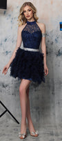 MINI SKIRT AND CROP TOP SET INDY GLITTER LACE TULLE DARK BLUE