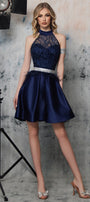 МINI SET TOP CON GONNA BRANDY PIZZO GLITTERATO RASO BLU SCURO