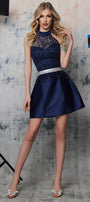 MINI SKIRT AND CROP TOP SET MAVIS GLITTER LACE SATIN DARK BLUE
