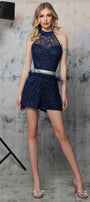 MINI CROP TOP AND PANTS SET FELICIA GLITTER LACE DARK BLUE