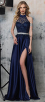 MAXI CONJUNTO TOP CON FALDA WHITLEY ЕNCAJE BRILLANTE SATÍN АZUL OSCURO