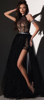MAXI CROP TOP AND PANTS AND CLOAK SET ELSIE GLITTER LACE GLITTER TULLE BLACK AND NUDE