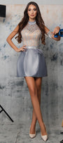 MINI SKIRT AND CROP TOP SET MAVIS GLITTER LACE SATIN SILVER AND NUDE