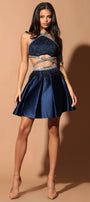 MINI SKIRT AND CROP TOP SET KAIRA GLITTER LACE SATIN RHINESTONE DARK BLUE