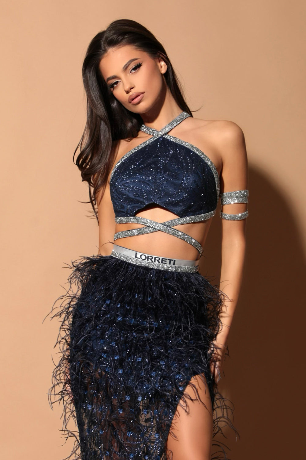 MAXI SKIRT AND CROP TOP SET DORINDA GLITTER LACE FEATHERS RHINESTONE DARK BLUE