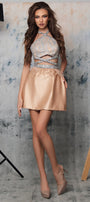 MINI SKIRT AND CROP TOP SET MISTY GLITTER LACE RHINESTONE SATIN NUDE AND SILVER
