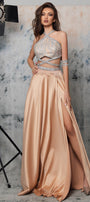 MAXI CONJUNTO TOP CON FALDA VALERIYA ЕNCAJE BRILLANTE PEDRERÍA SATÍN NUDE CON PLATEADO