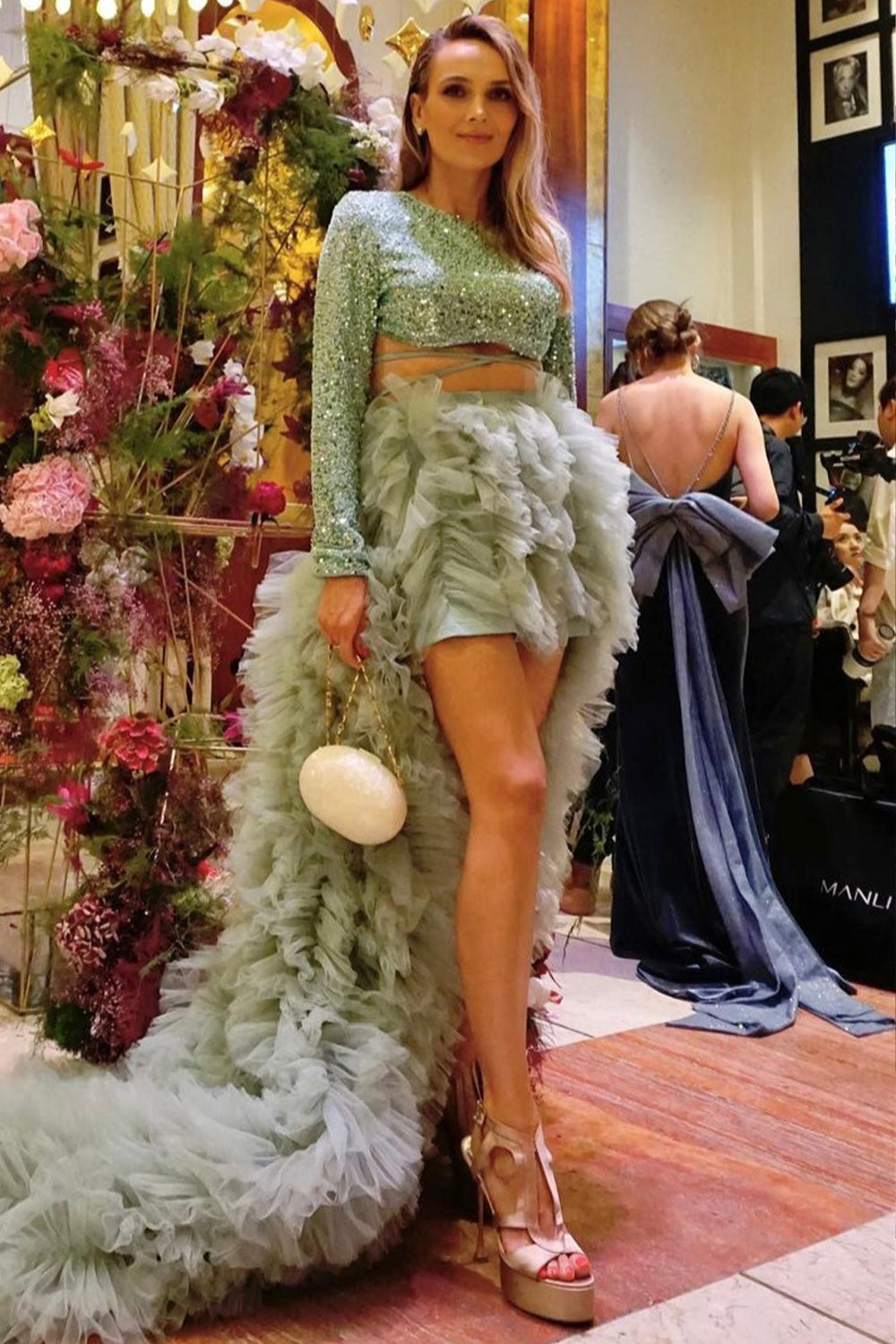 MAXI SKIRT AND CROP TOP SET ALEXIS 3 PARTS SEQUIN TULLE MINT
