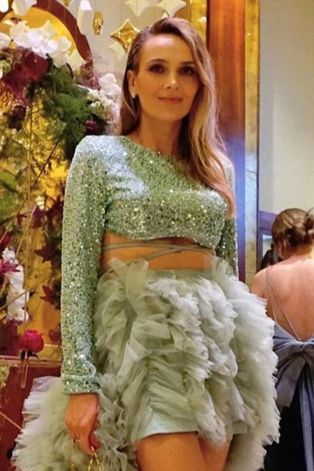 MAXI SKIRT AND CROP TOP SET ALEXIS 3 PARTS SEQUIN TULLE MINT