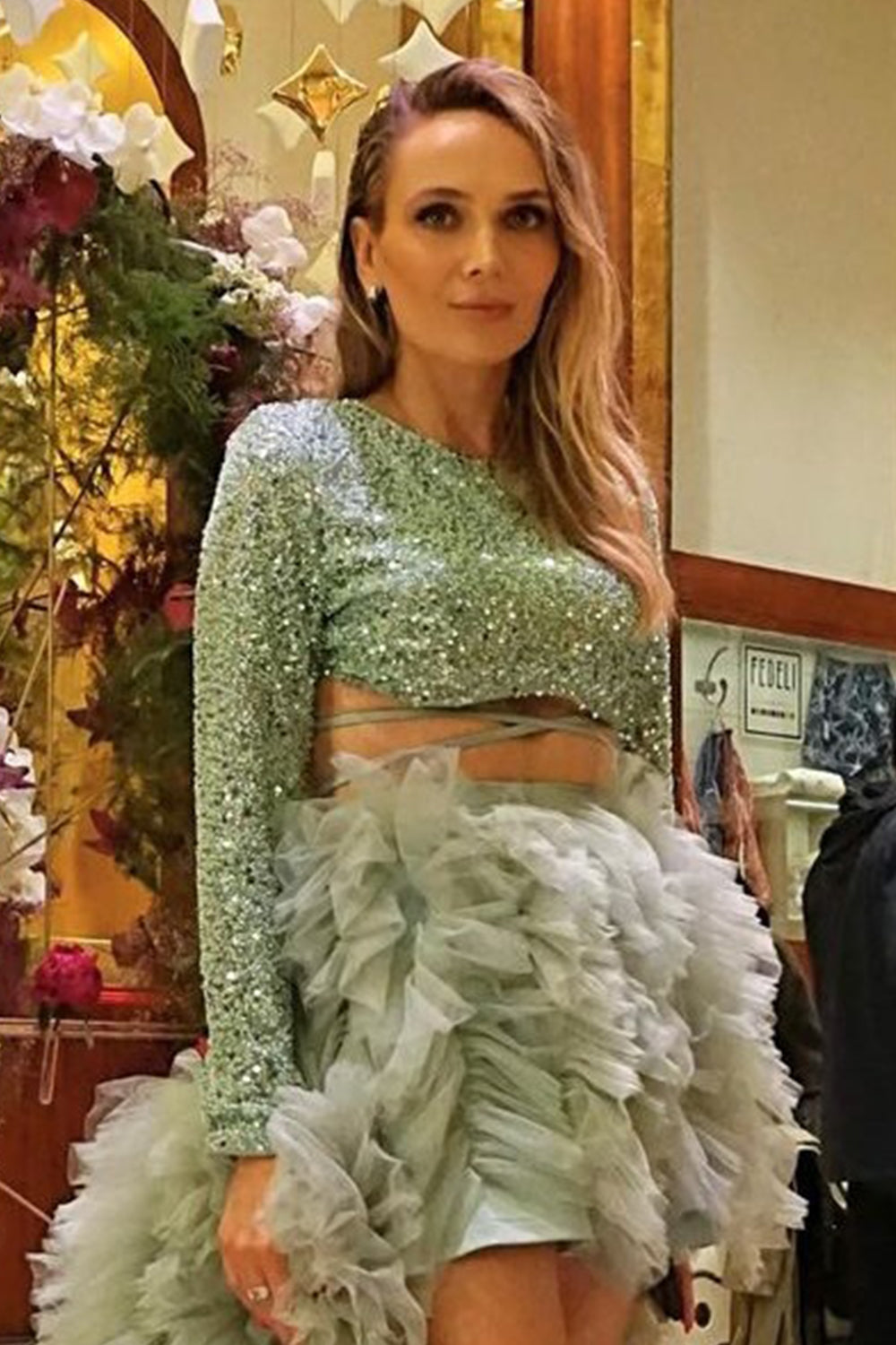 MAXI SKIRT AND CROP TOP SET ALEXIS 3 PARTS SEQUIN TULLE MINT