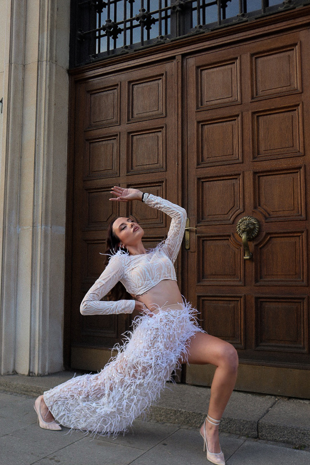 MAXI SKIRT AND CROP TOP SET ZINA GLITTER LACE FEATHERS RHINESTONE WHITE AND NUDE