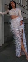 MAXI SKIRT AND CROP TOP SET ZINA GLITTER LACE FEATHERS RHINESTONE WHITE AND NUDE