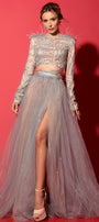 MAXI CONJUNTO TOP CON FALDA ADARA ЕNCAJE BRILLANTE PLUMAS PEDRERÍA BROCADO DE TUL PLATEADO CON NUDE