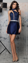 MINI SKIRT AND CROP TOP SET FREDERICA GLITTER LACE SATIN DARK BLUE