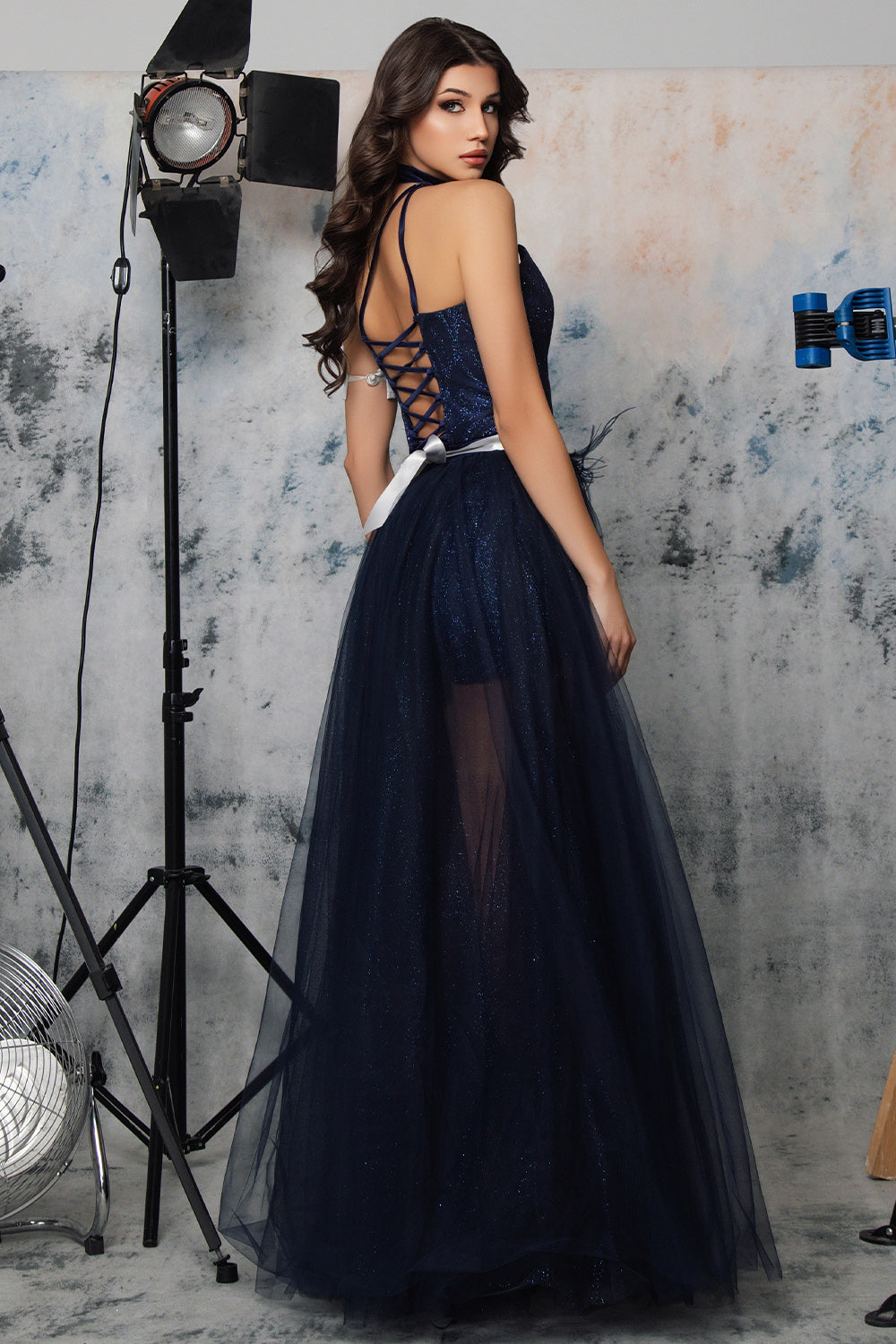 MAXI CROP TOP AND PANTS AND CLOAK SET GABBIE GLITTER LACE GLITTER TULLE DARK BLUE