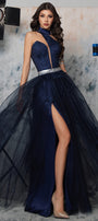 MAXI CONJUNTO TOP CON FALDA WILMA ЕNCAJE BRILLANTE BROCADO DE TUL АZUL OSCURO