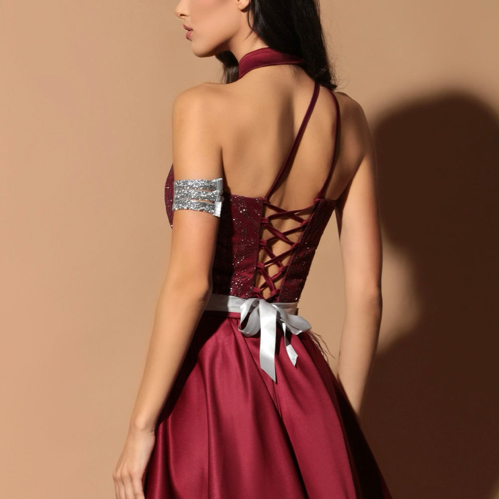 MINI SET TOP CON GONNA DIANDRA PIZZO GLITTERATO RASO BORDEAUX