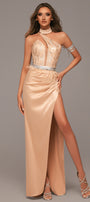 MAXI SKIRT AND CROP TOP SET LEORA GLITTER LACE SATIN GOLDEN