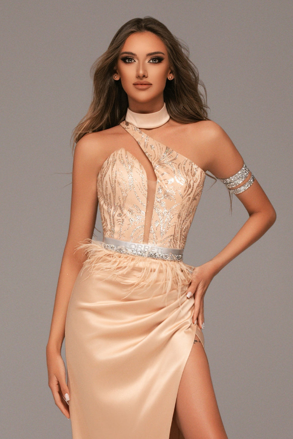 BELT MARABU FEATHERS RHINESTONE CARAMEL