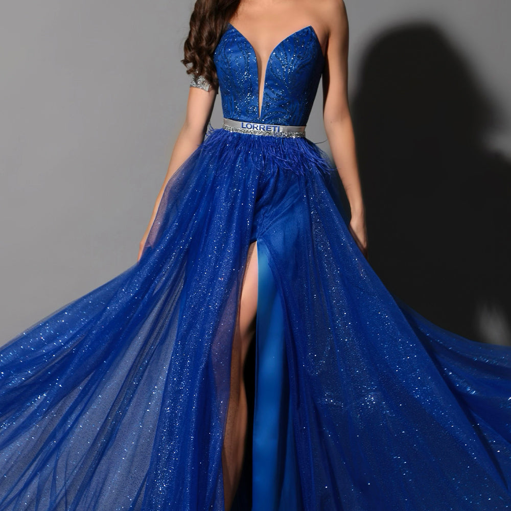 MAXI CONJUNTO TOP CON FALDA ALEXANDRINA ЕNCAJE BRILLANTE BROCADO DE TUL AZUL COBALTO