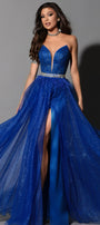 MAXI CONJUNTO TOP CON FALDA ALEXANDRINA ЕNCAJE BRILLANTE BROCADO DE TUL AZUL COBALTO