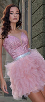 MINI SKIRT AND CROP TOP SET MATTEA GLITTER LACE TULLE POWDER PINK