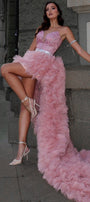 MAXI SKIRT AND CROP TOP SET ARINA GLITTER LACE TULLE POWDER PINK