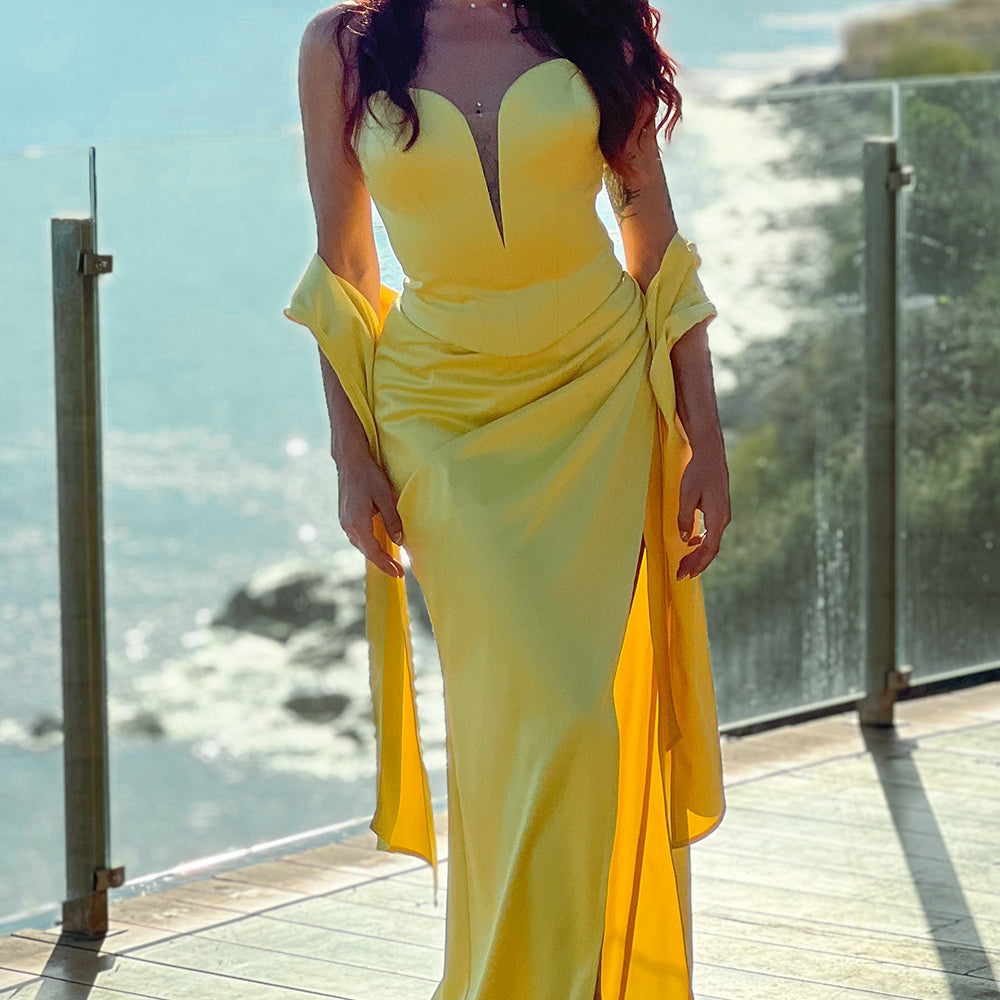 MAXI SKIRT AND CROP TOP SET JANA SATIN YELLOW