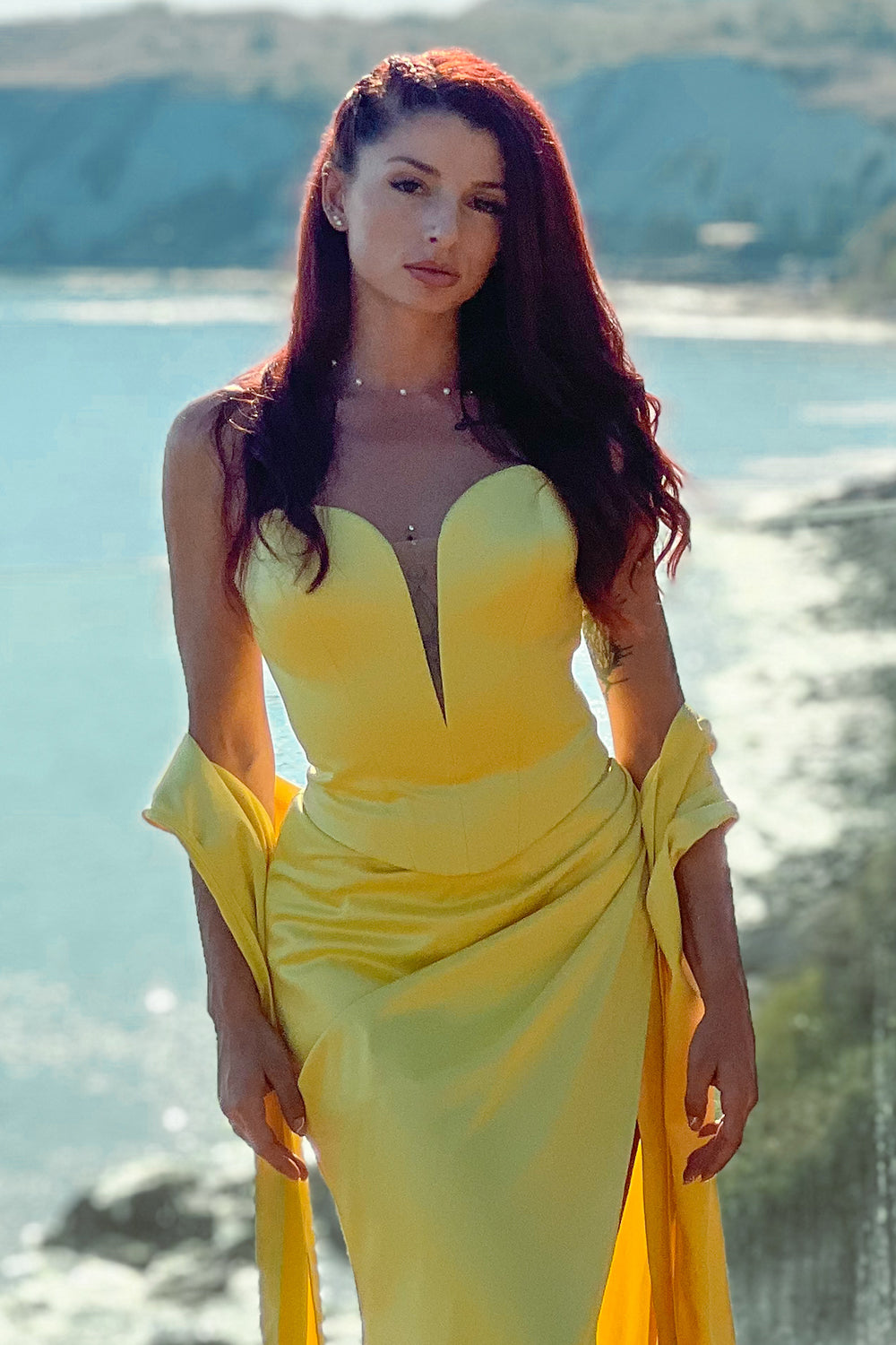 MAXI SKIRT AND CROP TOP SET JANA SATIN YELLOW