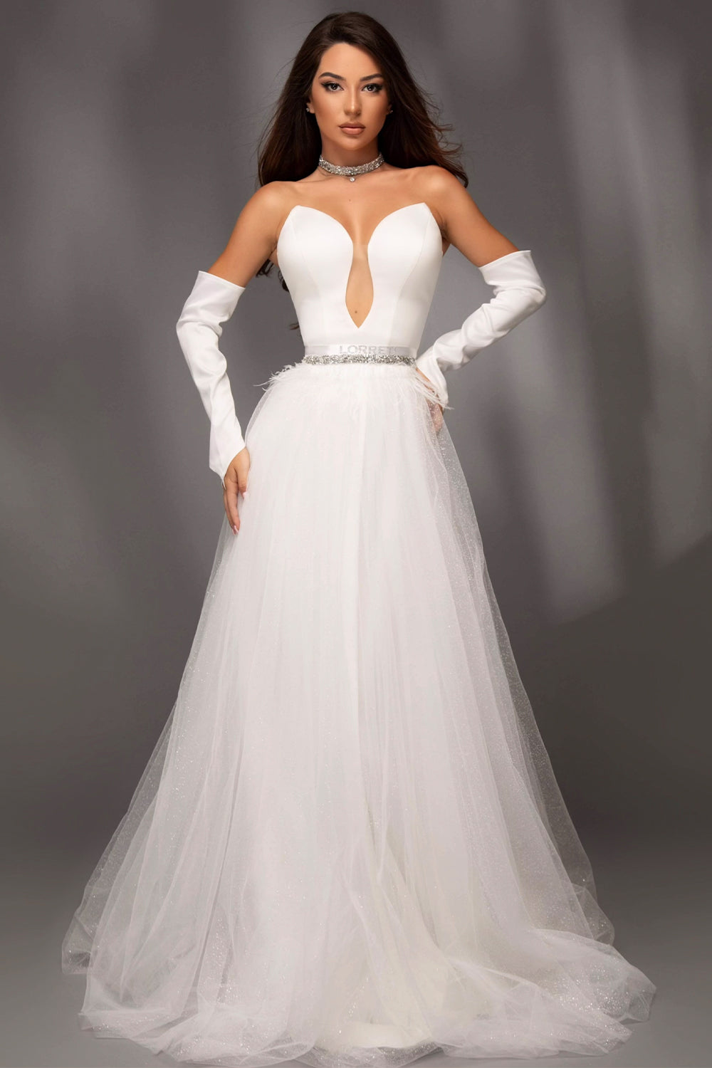 MAXI SKIRT AND CROP TOP SET LAILA SATIN GLITTER TULLE WHITE