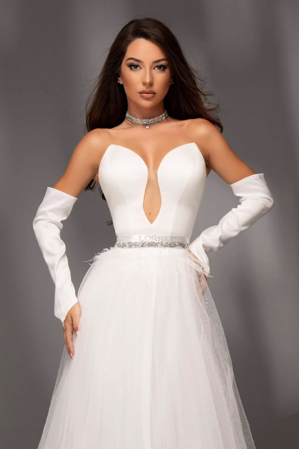 MAXI SKIRT AND CROP TOP SET LAILA SATIN GLITTER TULLE WHITE