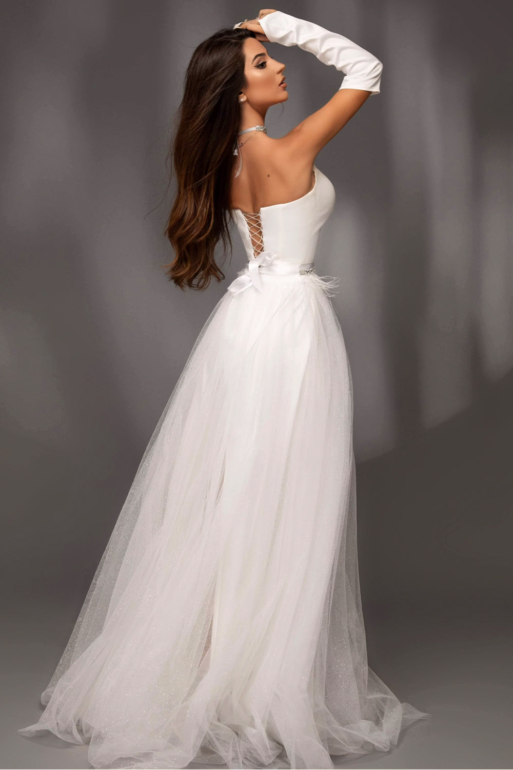 MAXI SKIRT AND CROP TOP SET LAILA SATIN GLITTER TULLE WHITE