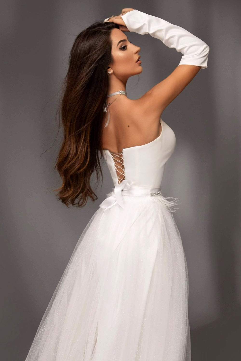 MAXI SKIRT AND CROP TOP SET LAILA SATIN GLITTER TULLE WHITE