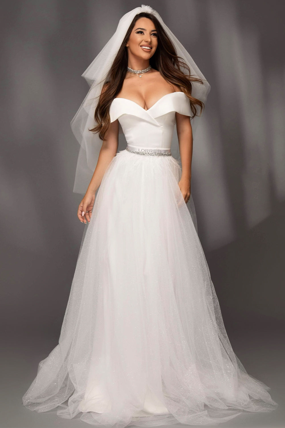 MAXI SKIRT AND CROP TOP SET LULU SATIN GLITTER TULLE WHITE