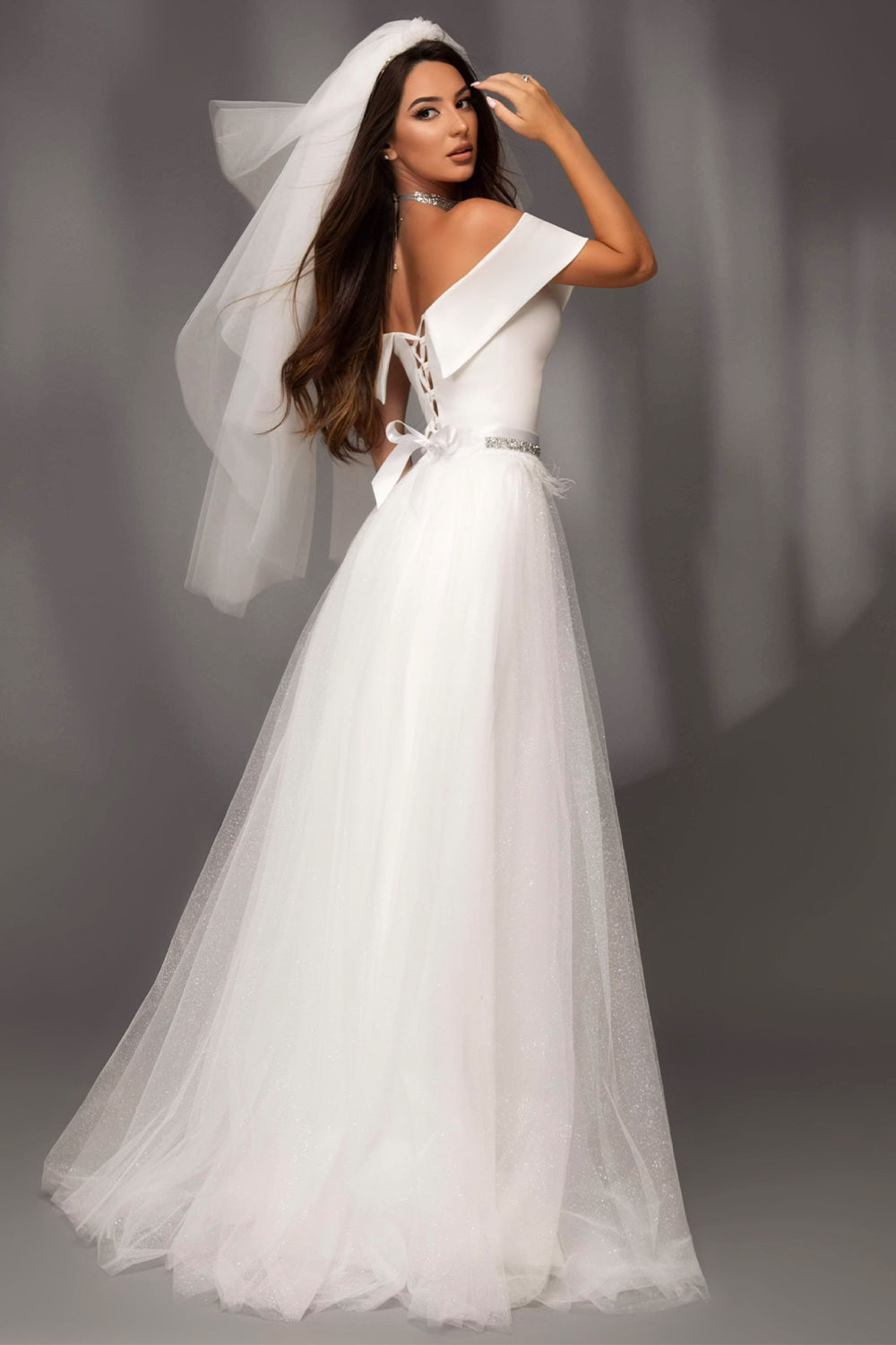 MAXI SKIRT AND CROP TOP SET LULU SATIN GLITTER TULLE WHITE