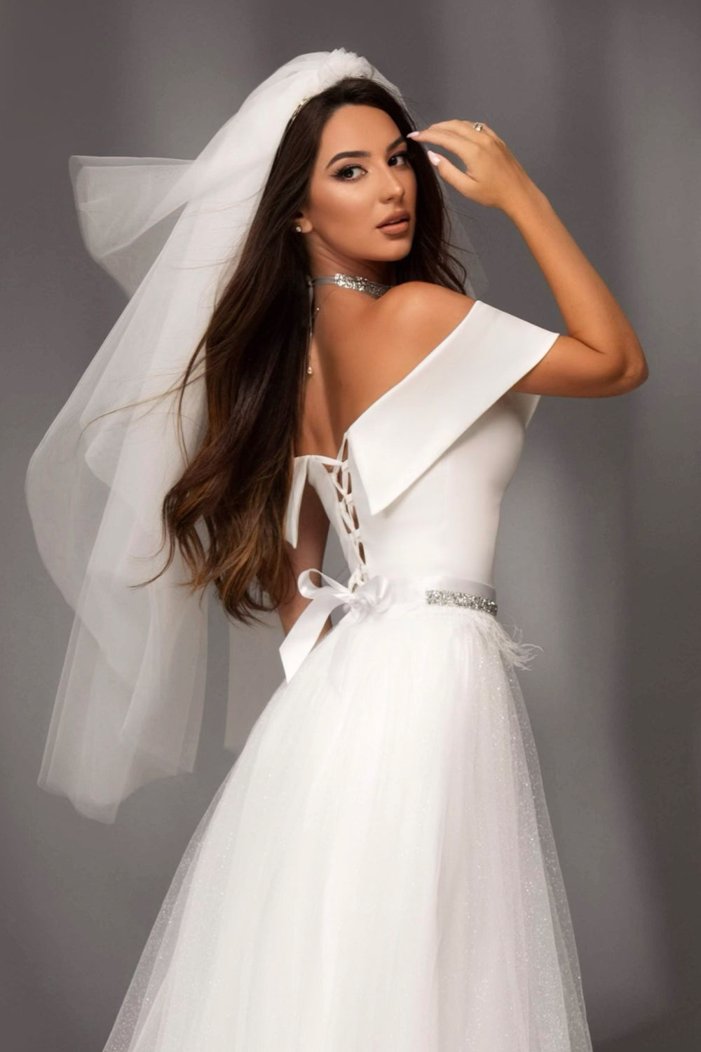 MAXI SKIRT AND CROP TOP SET LULU SATIN GLITTER TULLE WHITE